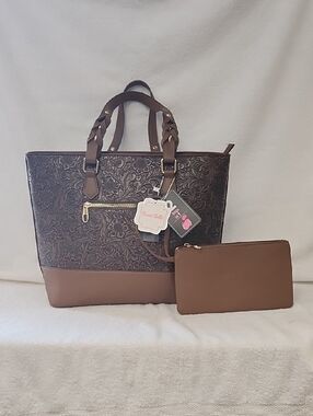 Brown Embossed Tote with Matching Brown Pouch